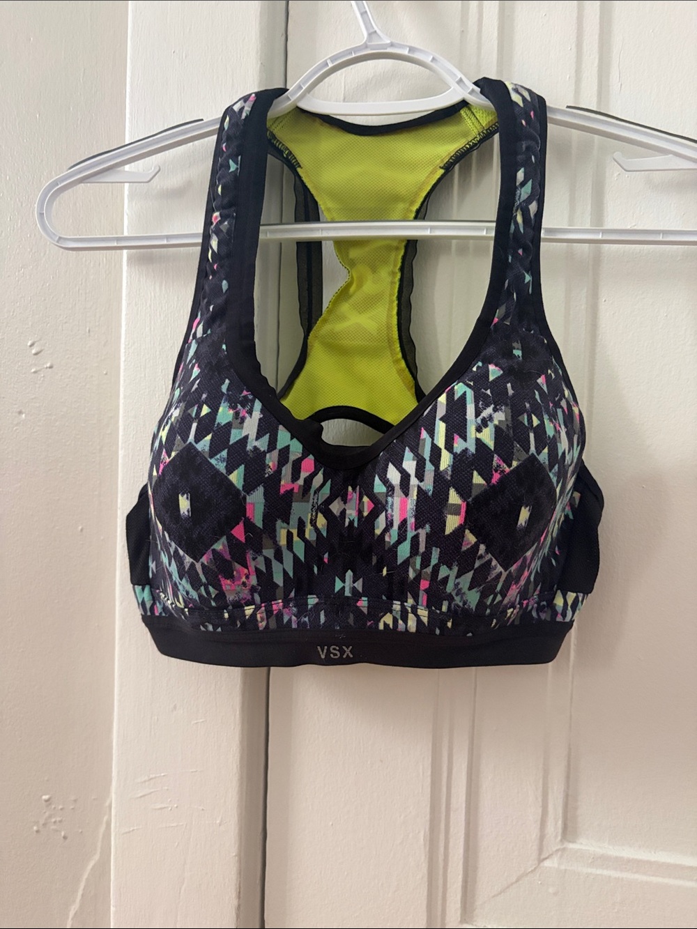 VSX Black Geo-Print Racerback Sports Bra with Lime Lining